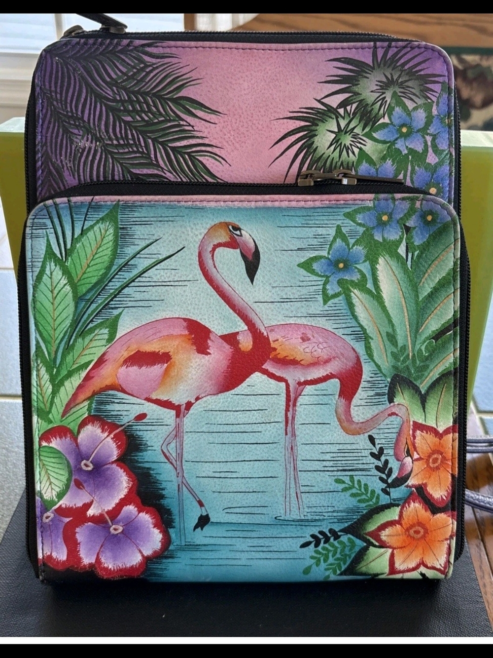 Anuschka Hand-Painted Flamingo Crossbody Bag - Pink, Teal & Purple